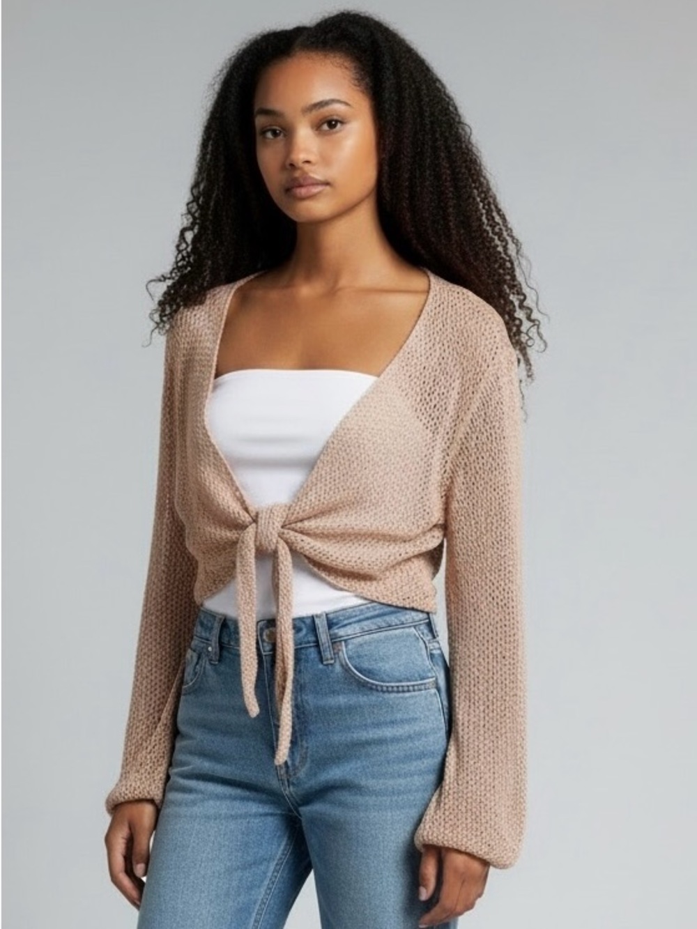Love Tree Tie-Front Shrug Mesh Knit Cardigan in Blush/Natural Women’s L
